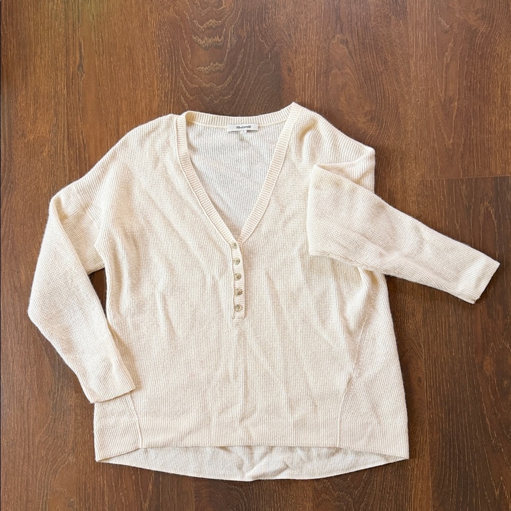 Cream V-Neck Button Henley Sweater
